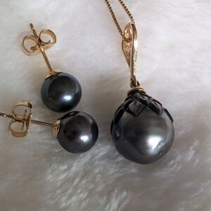 14K Gold Tahitian Pearl Necklace & Stud Earrings Set Black Pearl 7mm | 10mm